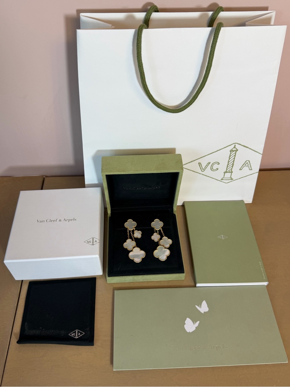 RARE Van Cleef & Arpels four motif mother of pearl chandelier earrings FULL SET